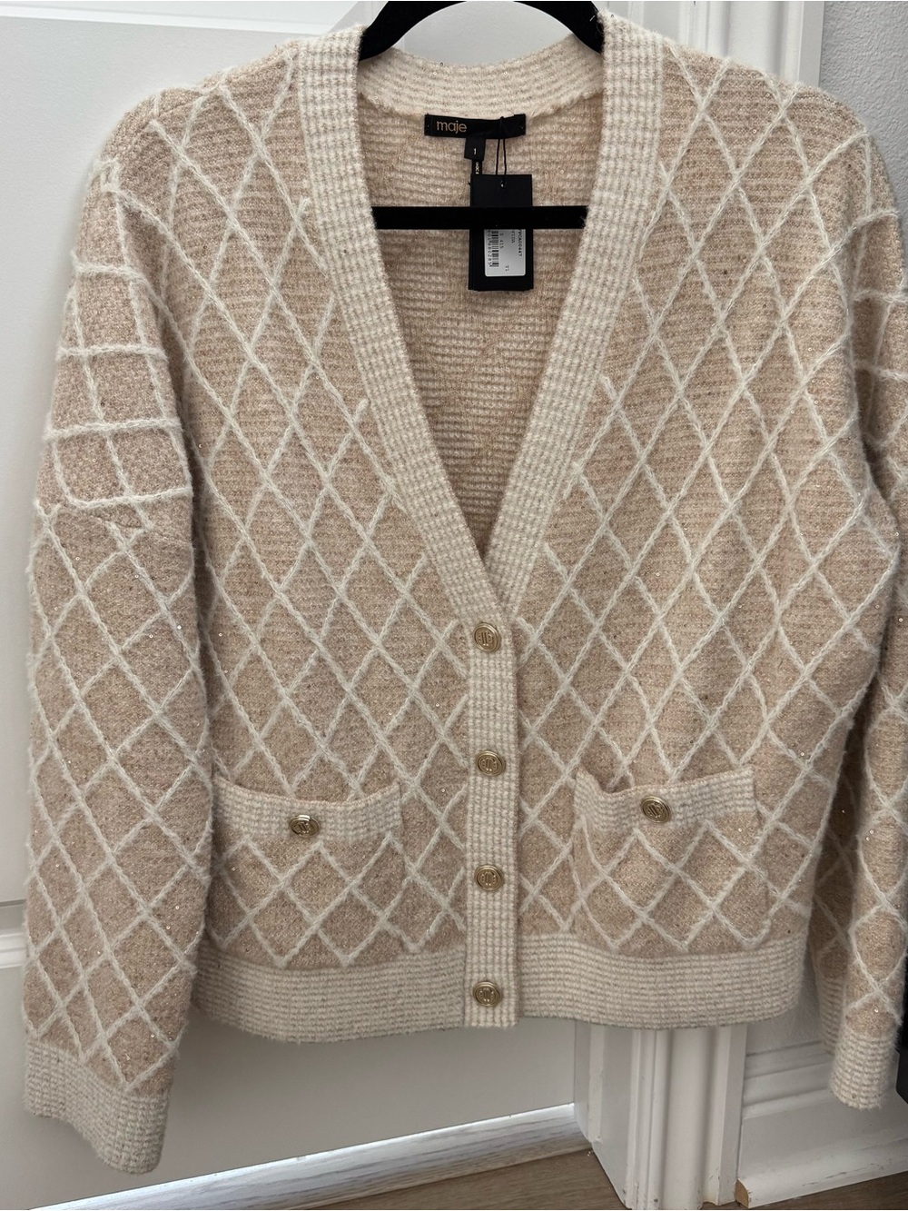 Maje Cream and Beige Diamond-Pattern Wool-Blend Cardigan
